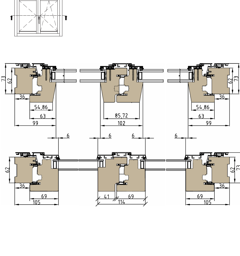 Sezioni tecniche di profilo legno-alluminio minimal